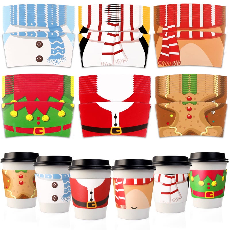 Fumete 60 Pcs Christmas Coffee Cups Disposable Hot Chocolate Cocoa Cup Sleeves Xmas Double Layer Paper Cup Sleeves for 12 and 16 oz Cup Holiday Hot Drinks Cold Beverage Tea 6 Designs Body Style